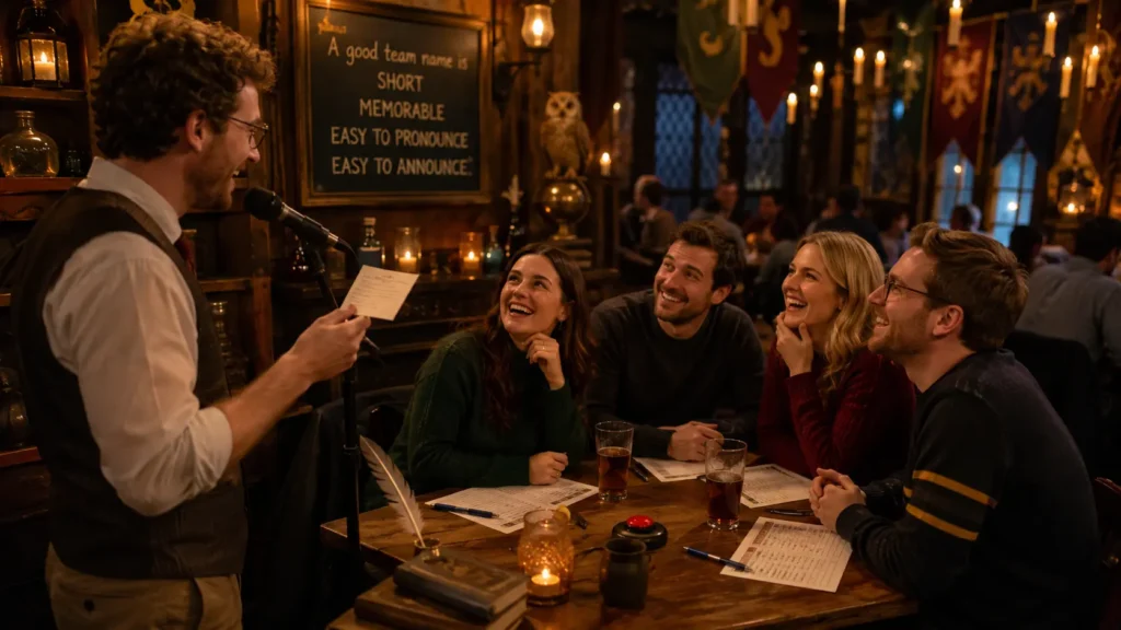 A trivia host announces a team name while four friends react at a wizard-themed pub quiz.