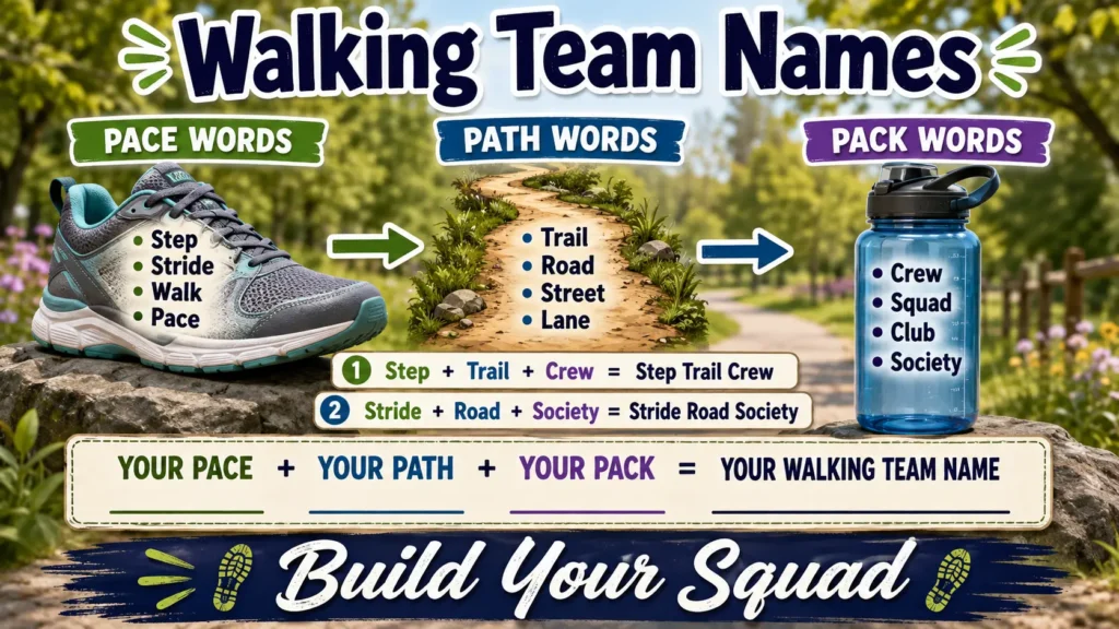 Walking Team Names for Clubs, Charity Walks and Office Challenges 2 Walking items (sneaker, trail path, water bottle) showing name-building formula: Pace Words + Path Words + Pack Words = combinations like Step Trail Crew. Blank template for user's own walking team name.