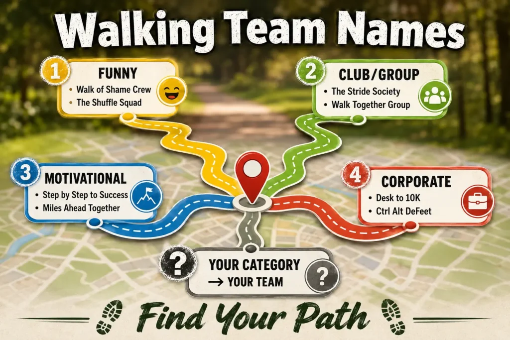 Walking Team Names for Clubs, Charity Walks and Office Challenges 1 Walking route map with four paths: Funny (Walk of Shame Crew), Club/Group (The Stride Society), Motivational (Step by Step to Success), Corporate (Desk to 10K). Blank path "Your Category → Your Team". Park trail background.