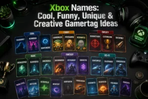 Top-down view of a premium gaming desk featuring collectible gamertag cards organized into categories including Cool, Funny, Sweaty, Rare, Fantasy, and Sci-Fi. The scene includes an Xbox-style controller, gaming headset, achievement trophies, and the title "Xbox Names: Cool, Funny, Unique & Creative Gamertag Ideas," visually showcasing a wide variety of creative gamertag inspirations for Xbox players.