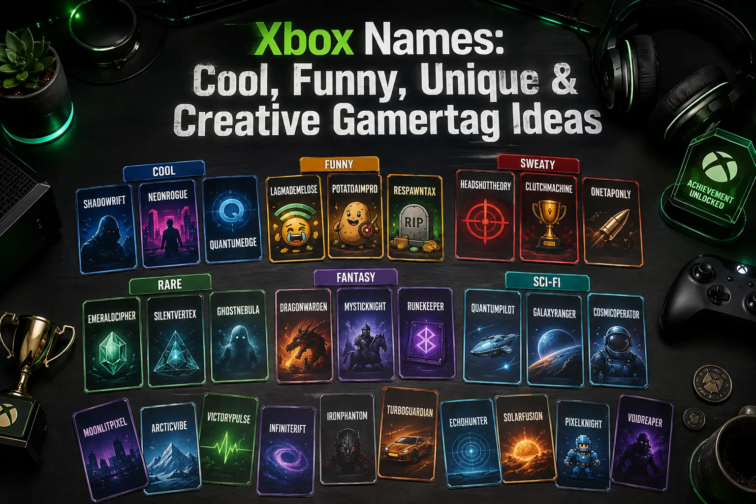 Top-down view of a premium gaming desk featuring collectible gamertag cards organized into categories including Cool, Funny, Sweaty, Rare, Fantasy, and Sci-Fi. The scene includes an Xbox-style controller, gaming headset, achievement trophies, and the title "Xbox Names: Cool, Funny, Unique & Creative Gamertag Ideas," visually showcasing a wide variety of creative gamertag inspirations for Xbox players.