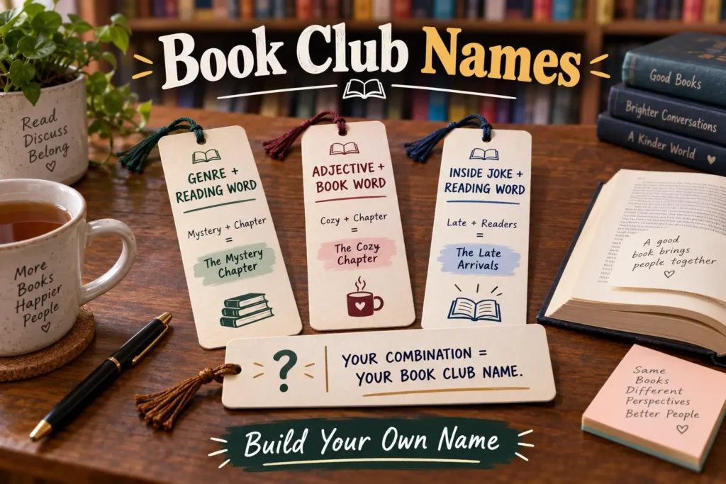 Book Club Names for Every Kind of Reading Group 2 Bookmark name builder templates: Genre + Reading Word, Adjective + Book Word, Inside Joke + Reading Word. Blank bookmark "Your Combination = Your Book Club Name". Pen, tea, open book, bookshelf background.