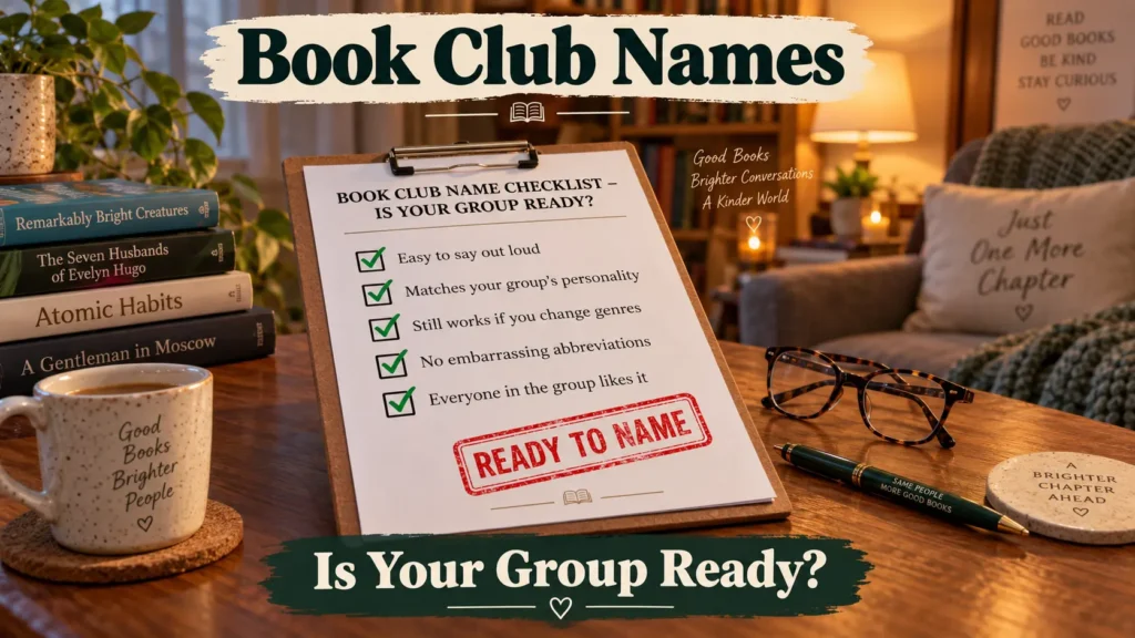 Book Club Names for Every Kind of Reading Group 1 Book club name checklist: Easy to say out loud, Matches group personality, Still works if you change genres, No embarrassing abbreviations, Everyone likes it. Stamp "Ready to Name". Books, glasses, lamp, cozy reading background.
