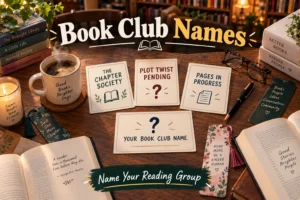 Reading table with book club names: The Chapter Society, Plot Twist Pending, Pages in Progress. Blank card "Your Book Club Name". Coffee, glasses, pen, books, cozy library background. Hero image for book club names article.