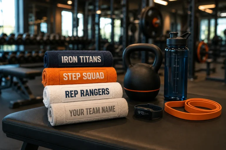 Home 7 Fitness and wellness team names displayed on gym tags beside workout equipment.