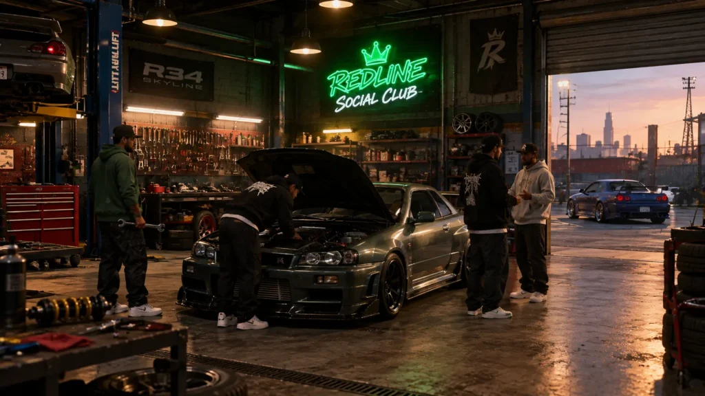 FiveM Names for Gangs, Characters & RP Identities 2 FiveM garage roleplay scene with characters around tuner car, neon sign "Redline Social Club". Tools, car lift, industrial lighting. Car culture RP atmosphere for FiveM names article.