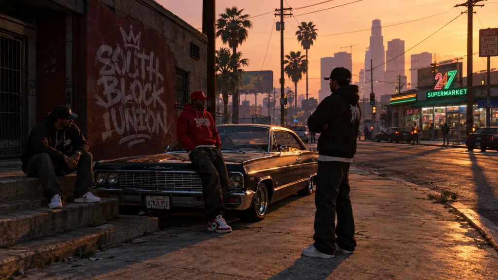 FiveM Names for Gangs, Characters & RP Identities 1 FiveM roleplay scene with characters on a street corner, graffiti tag reading "South Block Union". Lowrider car, corner store, golden hour lighting. Gang RP atmosphere for FiveM names article.