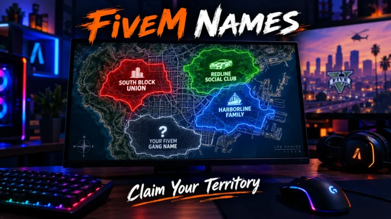 Server map with FiveM names for gang territories: South Block Union, Harborline Family, Redline Social Club. Blank zone "Your FiveM Gang Name". Keyboard, mouse, headset, gaming setup background. Hero image for FiveM names article.