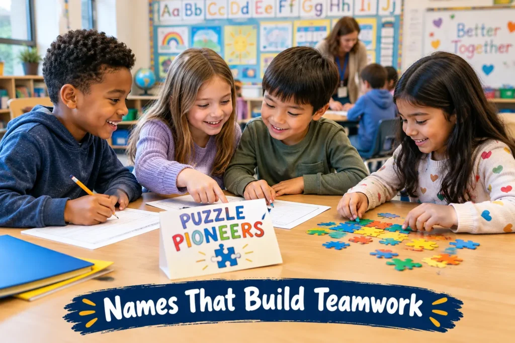 Kids Team Names for Sports, School, Camps and Clubs 1 Kids working together at classroom table with "Puzzle Pioneers" table sign. Diverse group collaborating on project, teacher in background, bright classroom with posters. Kids team names in action.