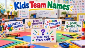 Classroom table signs with kids team names: Puzzle Pioneers, Bright Sparks Club, Crayon Cyclones, Book Bounce Crew. Blank sign "Your Kids Team Name". Crayons, pencils, glue sticks, classroom background. Hero image for kids team names article.