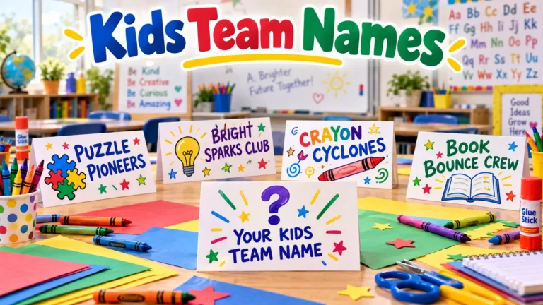 Classroom table signs with kids team names: Puzzle Pioneers, Bright Sparks Club, Crayon Cyclones, Book Bounce Crew. Blank sign "Your Kids Team Name". Crayons, pencils, glue sticks, classroom background. Hero image for kids team names article.