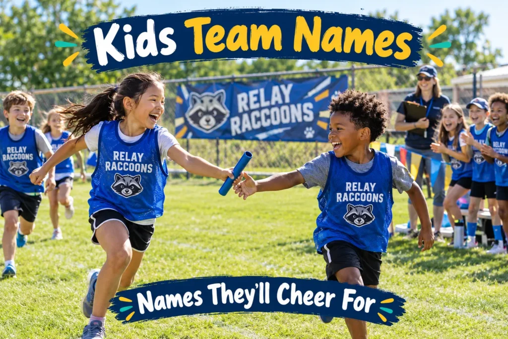 Kids Team Names for Sports, School, Camps and Clubs 2 Kids running relay race wearing "Relay Raccoons" team bibs during field day. Banner with kids team name Relay Raccoons. Teacher with clipboard, cheering kids, sunny field background.