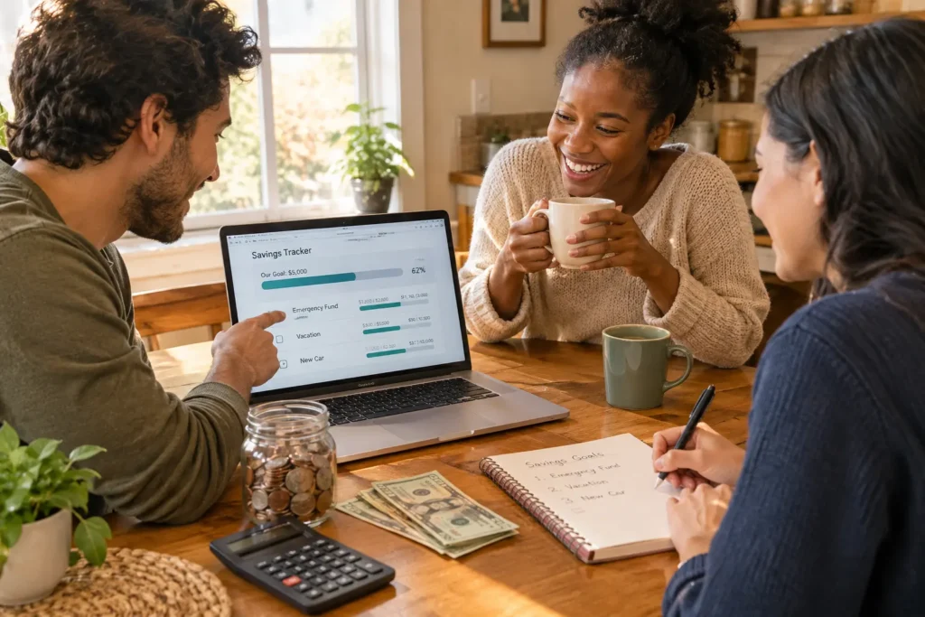 Money Team Names for Saving, Budgeting & Money Challenges 1 Photorealistic friends at kitchen table with laptop showing savings tracker. One pointing, one writing, one laughing. Calculator, coin jar, warm light. Money team names in action.