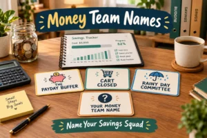 Savings tracker with money team names: The Payday Buffer, Cart Closed, Rainy Day Committee. Blank card "Your Money Team Name". Coin jar, calculator, coffee, home office background. Hero image for money team names article.