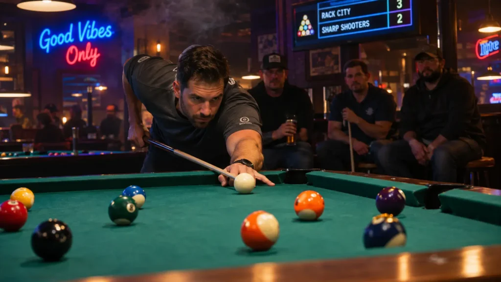Photorealistic league night pool scene with player leaning over table aiming cue. Teammates watching, neon signs, scoreboard. Pool team names in action.