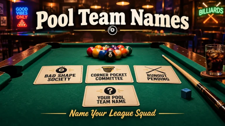 Pool table with name cards showing pool team names: Bad Shape Society, Corner Pocket Committee, Runout Pending. Blank card "Your Pool Team Name". Cue stick, chalk, soda, pool hall background. Hero image for pool team names article.