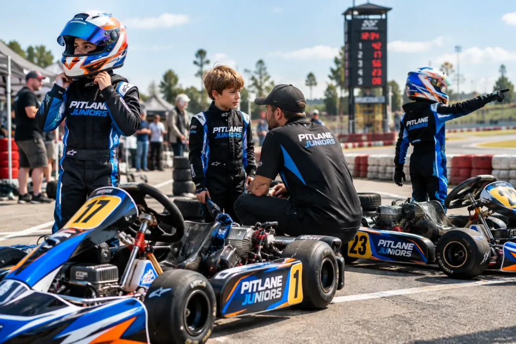 Youth karting team with "Pitlane Juniors" on suits and karts. Young drivers, mechanic, sunny karting circuit, tyre barriers, timing tower. Grassroots racing team names.