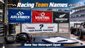 Pit wall banners with racing team names: Arlenbeck Racing, Vantrel Motorsport, Marrow GP. Blank banner "Your Racing Team Name". Race car, stopwatch, headset, race track background. Hero image for racing team names article.