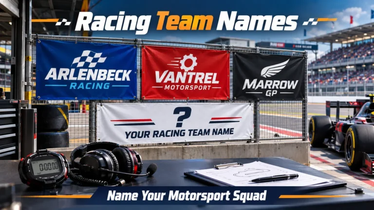 Pit wall banners with racing team names: Arlenbeck Racing, Vantrel Motorsport, Marrow GP. Blank banner "Your Racing Team Name". Race car, stopwatch, headset, race track background. Hero image for racing team names article.