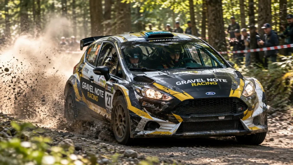 Rally car on forest stage with "Gravel Note Racing" on door. Driver and co-driver with pace notes, dust, spectators, forest track. Rally racing team names.