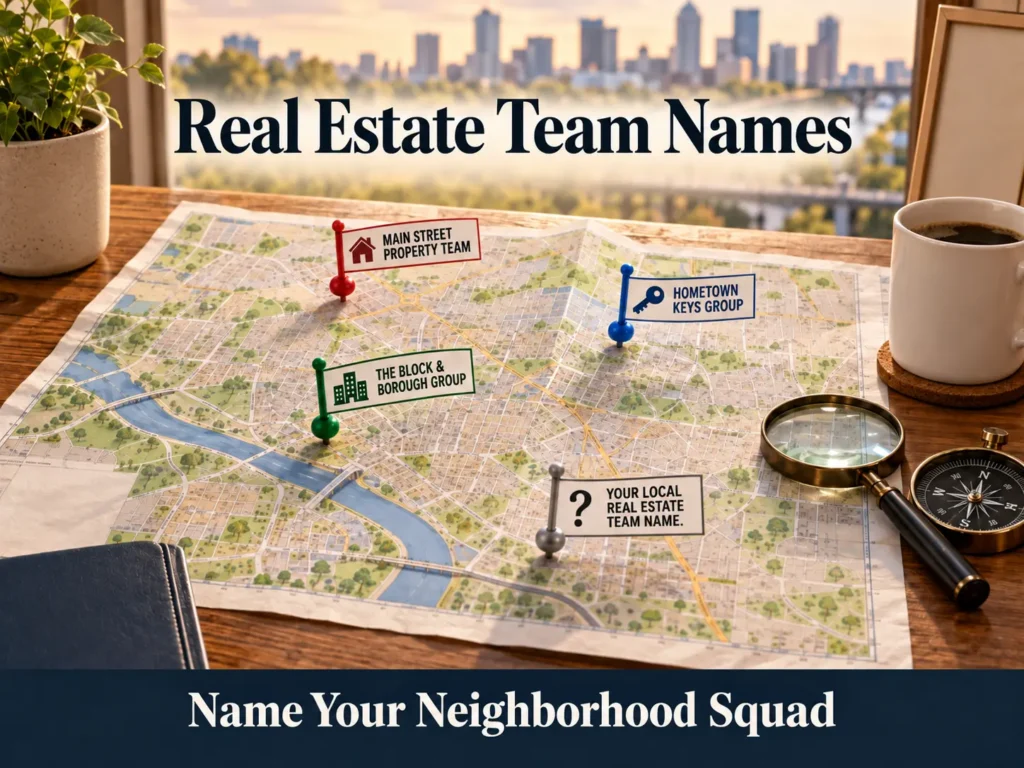 Real Estate Team Names for Agents and Property Groups 2 Neighborhood map with pushpins showing local real estate team names: Main Street Property Team, Hometown Keys Group, The Block & Borough Group. Blank pin "Your Local Real Estate Team Name". Compass, magnifying glass, coffee, city skyline background.