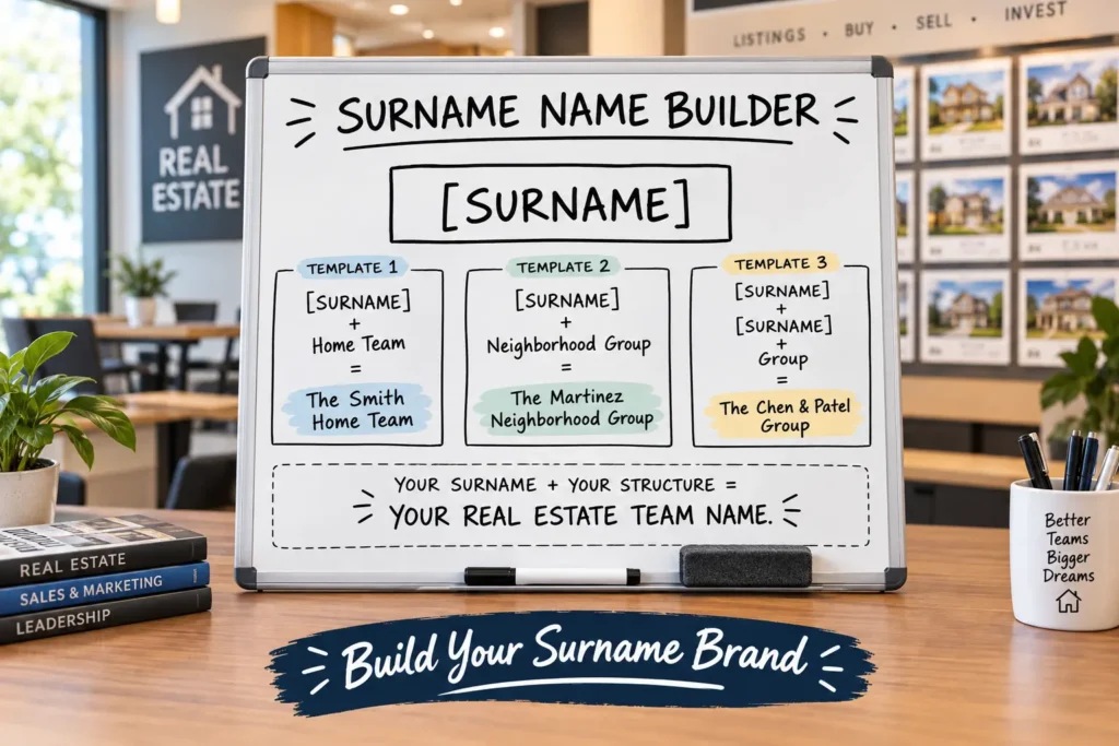 Surname name builder whiteboard with real estate team name templates: [Surname] + Home Team, [Surname] + Neighborhood Group, [Surname] & [Surname] + Group. Blank space "Your Surname + Your Structure = Your Real Estate Team Name". Office background.