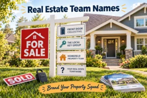 Real estate yard sign with real estate team names: Front Door Collective, The Local Key Group, Homefield Property Team. Blank card "Your Real Estate Team Name". House, sold sticker, lockbox, brochures, suburban background. Hero image for real estate team names article.