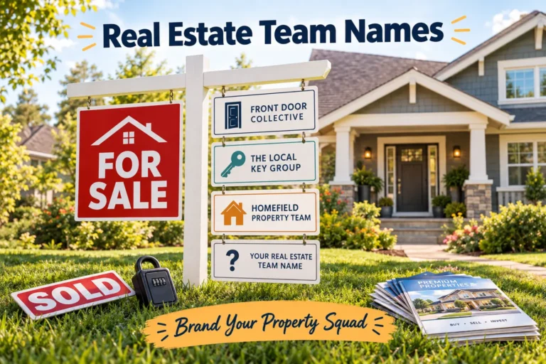 Real estate yard sign with real estate team names: Front Door Collective, The Local Key Group, Homefield Property Team. Blank card "Your Real Estate Team Name". House, sold sticker, lockbox, brochures, suburban background. Hero image for real estate team names article.