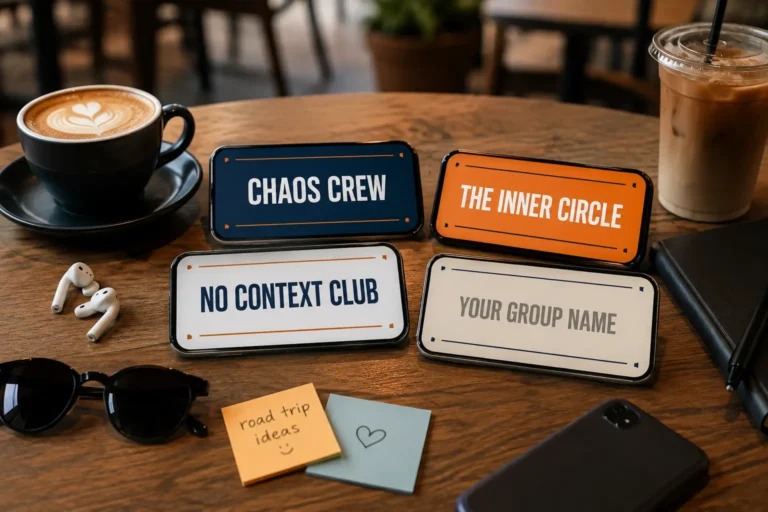 Home 8 Social team names displayed on phones and cards in a casual group hangout setting.