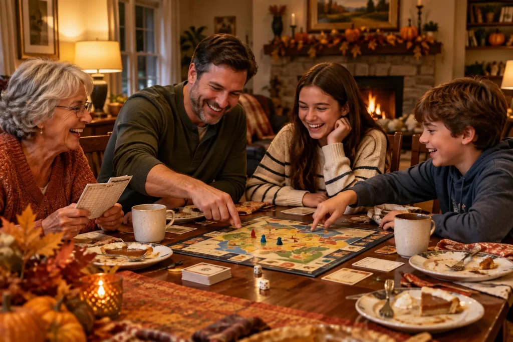 Thanksgiving Team Names for Trivia, Games & Turkey Bowl 1 Photorealistic family playing board game after Thanksgiving dinner, laughing, pie plates and coffee cups on table. Cozy lamp light, fireplace, fall decorations. Thanksgiving team names in action.