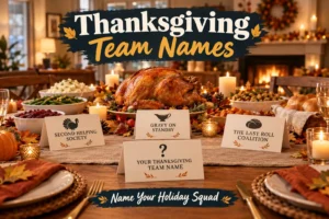 Thanksgiving table with place cards showing Thanksgiving team names: Second Helping Society, Gravy on Standby, The Last Roll Coalition. Blank card "Your Thanksgiving Team Name". Turkey, candles, autumn leaves, dining room background. Hero image for Thanksgiving team names article.
