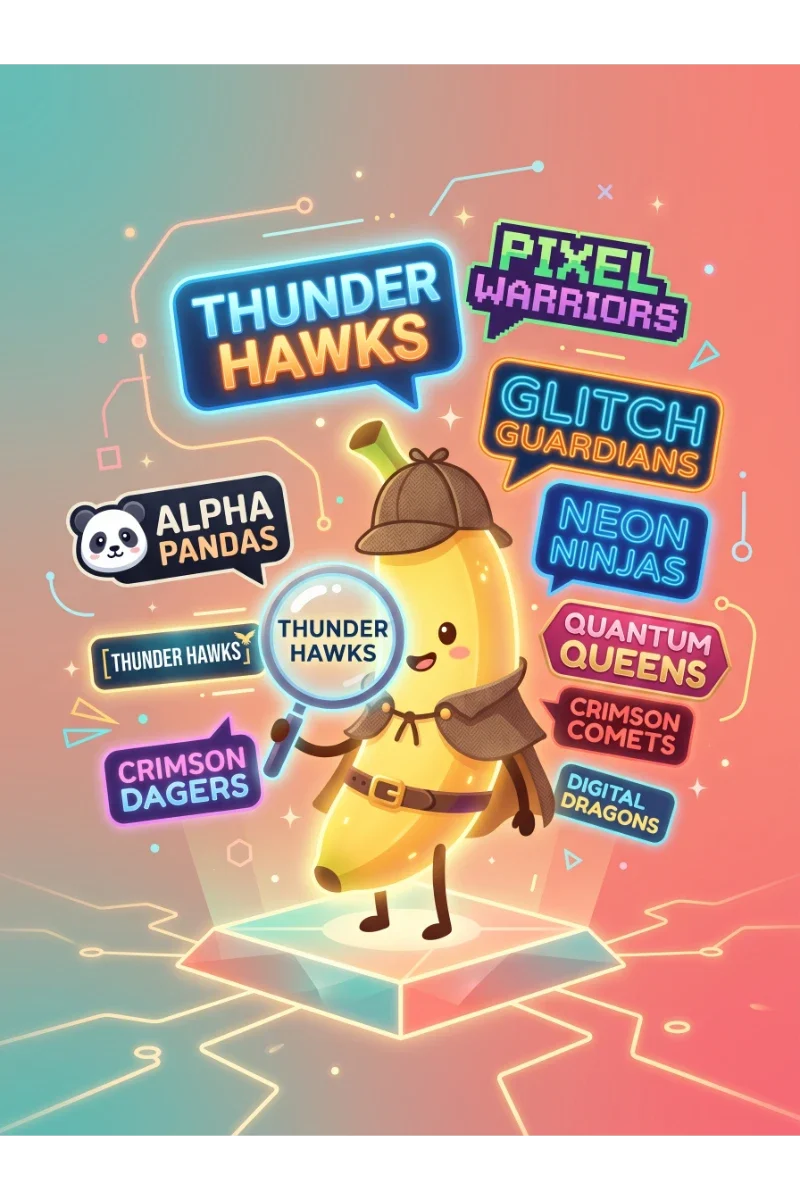 Glowing nano banana mascot with a detective hat and magnifying glass discovering colorful team names in floating word bubbles.